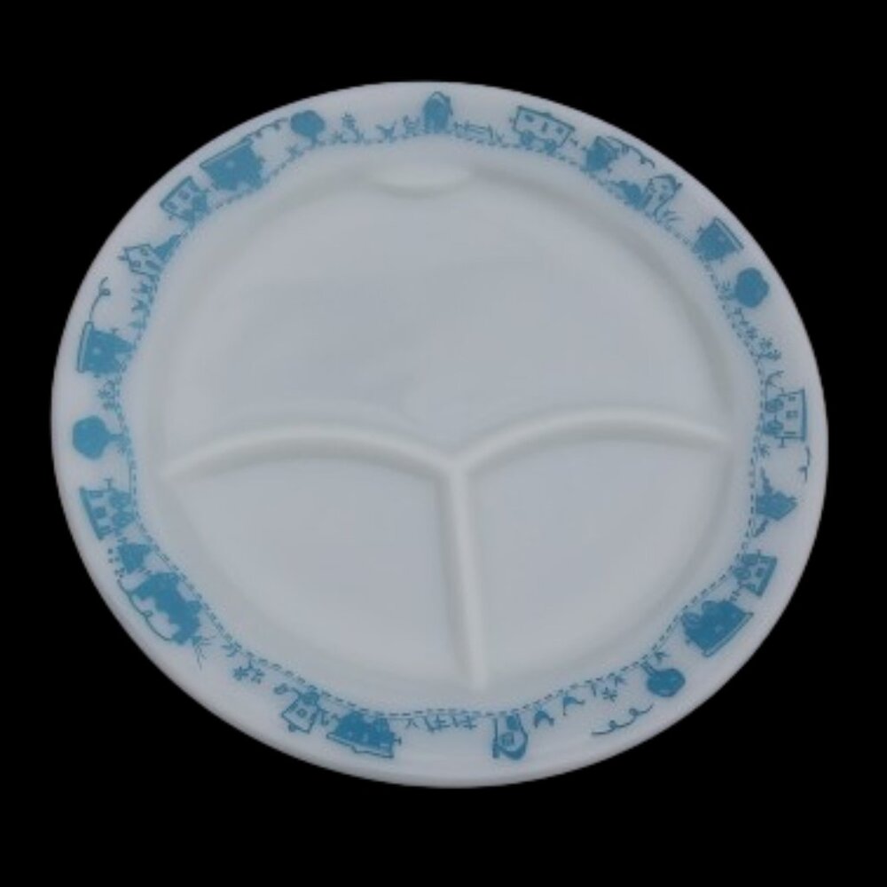 Vintage Pyrex Tableware By Corning Child Divided Plate  Blue Train